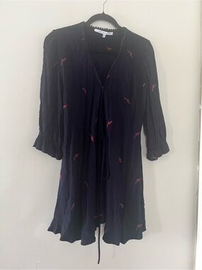Black Red Rose Floral Print Embroidered Kimono Mini Dress Small Tie Front Beach